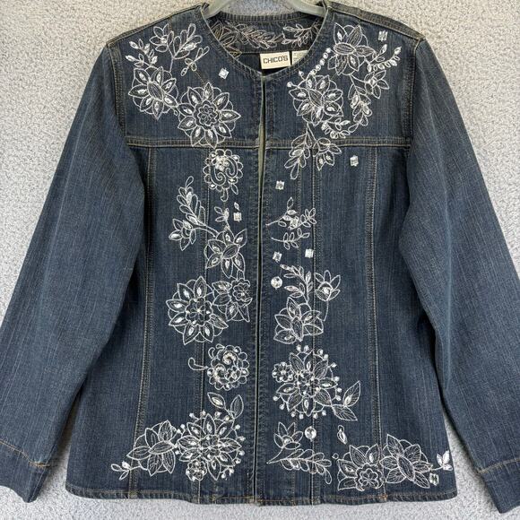 Chicos Silver Denim Jacket Medium Boho Artsy Embroidery Maximal Embellish Floral - Picture 1 of 11